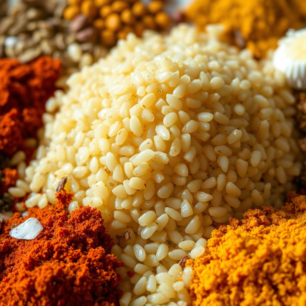A close-up shot of a pile of cooked quinoa grains, glistening with moisture and perfectly fluffy. The quinoa is surrounded by a vibrant array of Peruvian spices and seasonings, including paprika, cumin, and aji amarillo. The lighting is warm and natural, casting a soft glow on the scene. The focus is sharp, capturing the intricate texture and individual grains of the quinoa. The overall mood is one of rustic authenticity, inviting the viewer to imagine the rich, earthy flavors of a traditional Peruvian dish.
