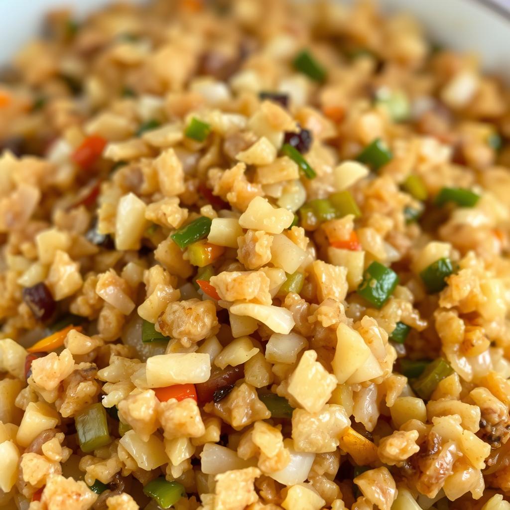 Close-up of homemade vegan empanada dough filling, featuring diced vegetables and seasonings, highlighting fresh ingredients for traditional Argentinian flavors.