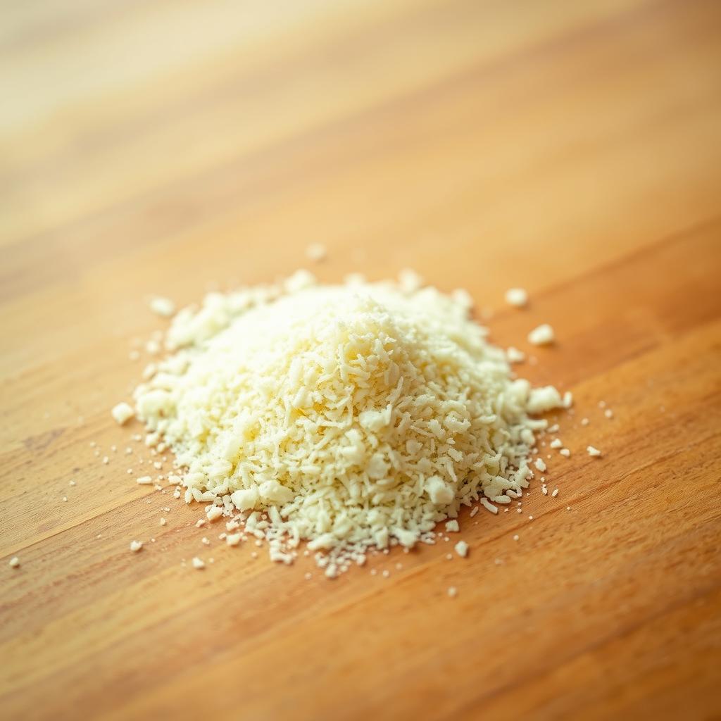 A close-up shot of a small pile of grated vegan parmesan cheese on a wooden table, with a soft, natural lighting illuminating the scene. The vegan parmesan has a slightly off-white color and a fine, powdery texture, resembling traditional Parmesan cheese. The table surface is a warm, medium-tone wood, creating a rustic and inviting atmosphere. The image should convey a sense of high-quality, plant-based ingredients that can seamlessly substitute traditional dairy-based Parmesan in Italian recipes.