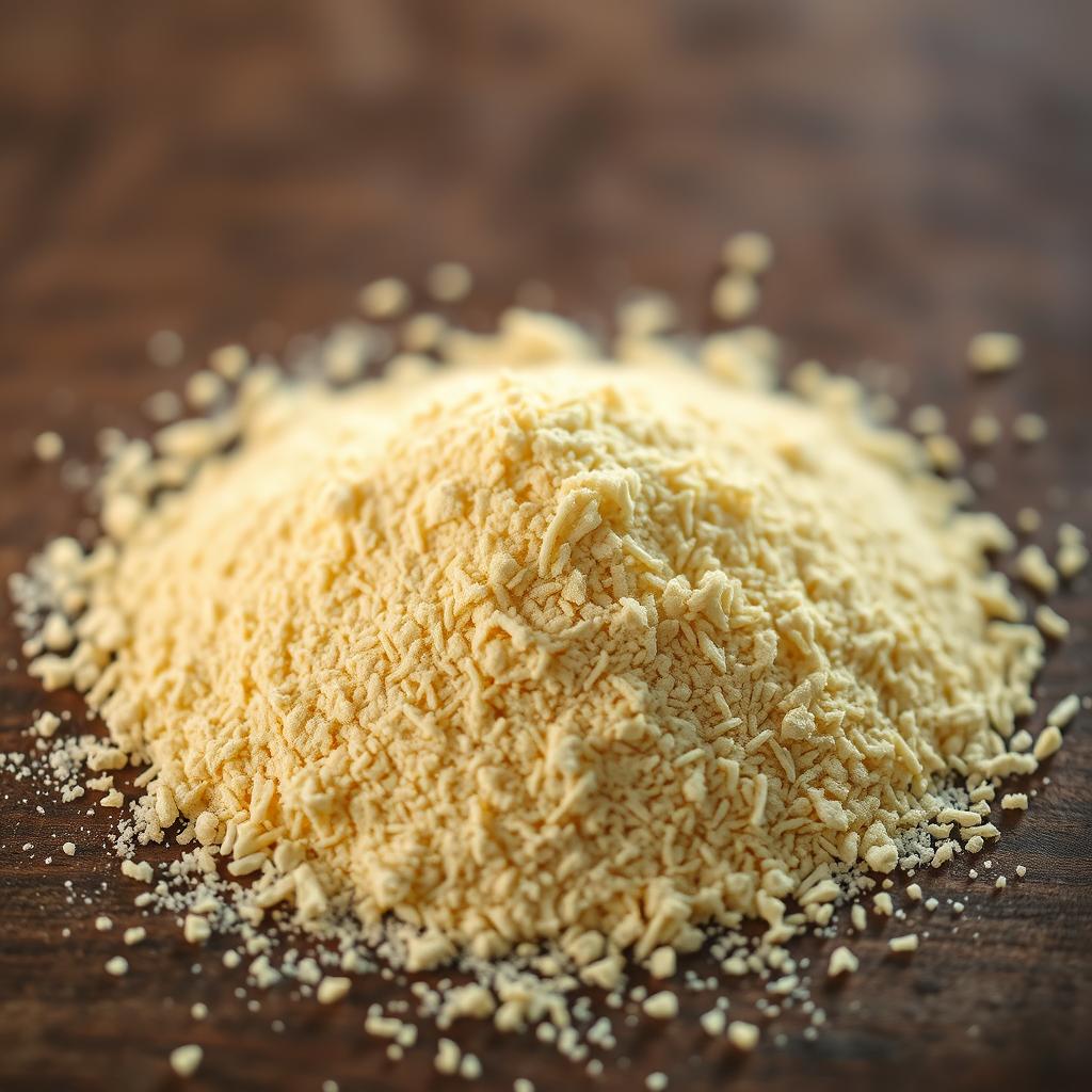 Freshly ground cassava flour farofa on a rustic wooden surface, highlighting its fine texture, essential for vegan Brazilian recipes.