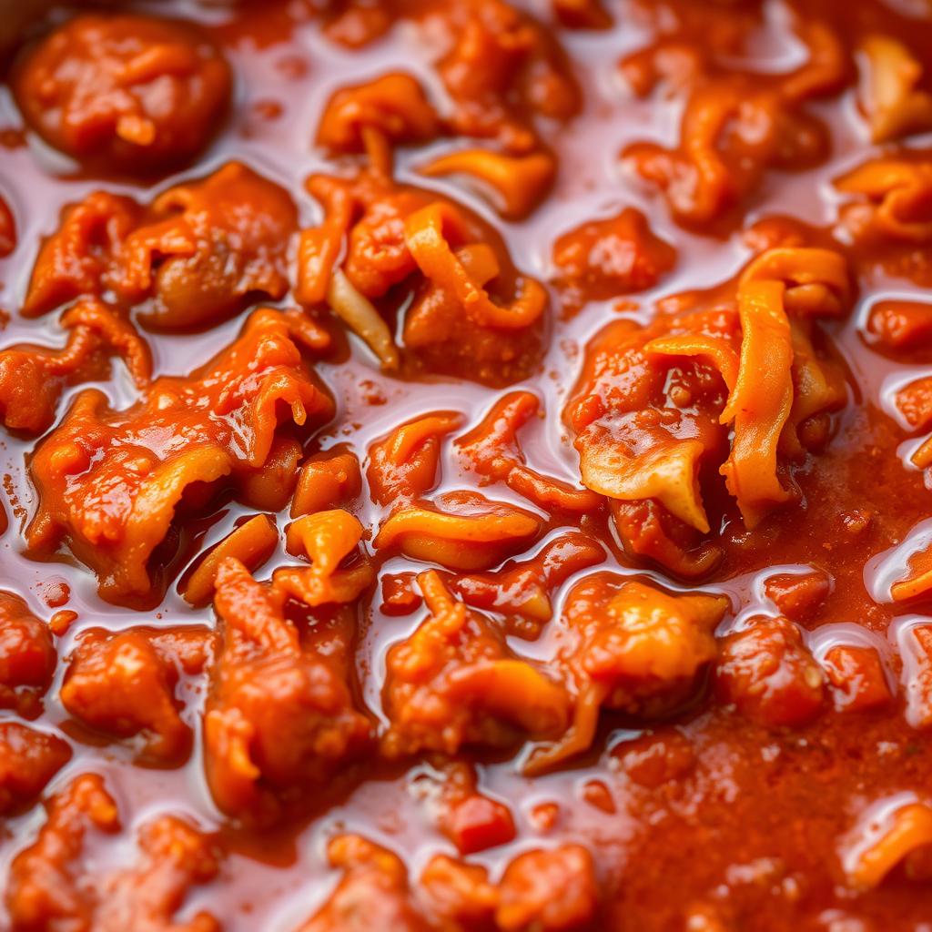 Close-up of rich, velvety tomato sauce with shredded soy curls or seitan, highlighting a plant-based protein option for vegan Cuban recipes.