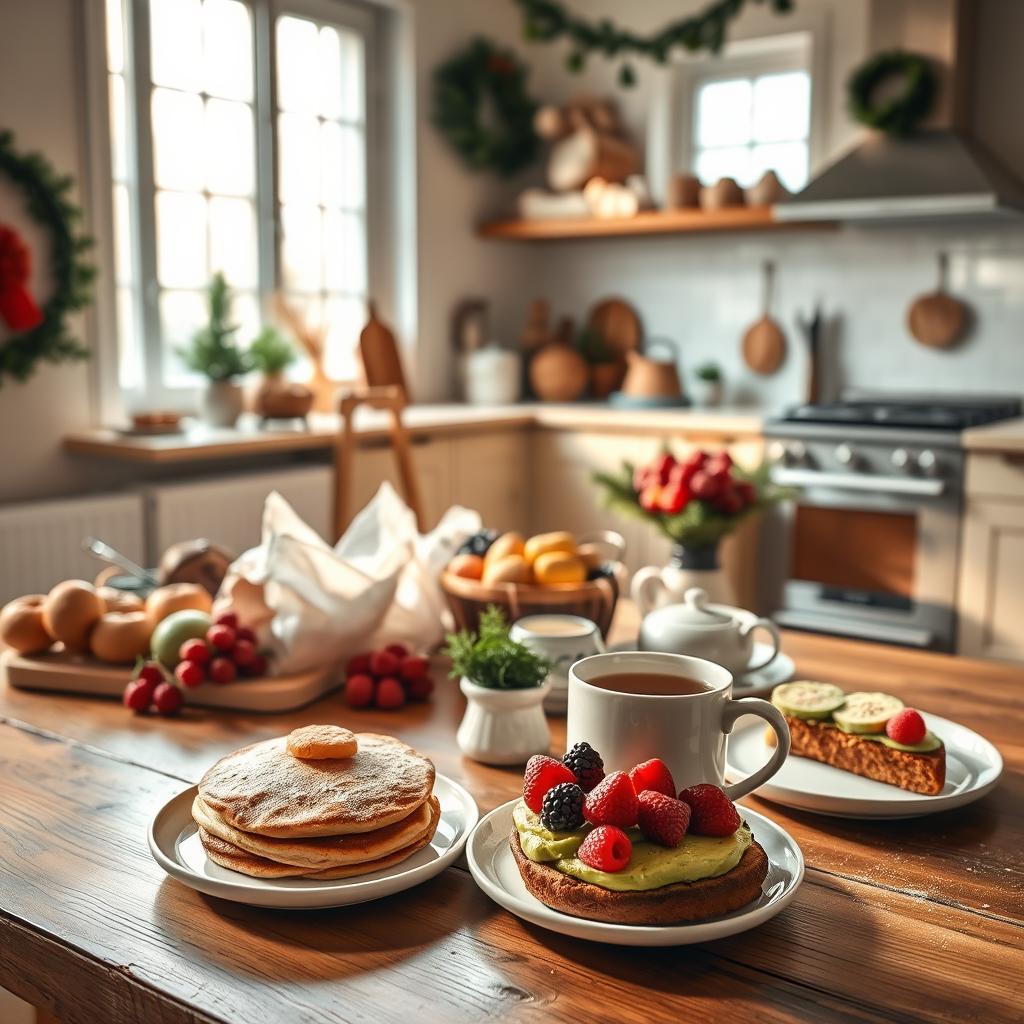 A cozy and inviting kitchen scene, bathed in warm, natural light filtering through large windows. In the foreground, an array of plant-based breakfast dishes arranged on a rustic wooden table - fluffy vegan pancakes with fresh berries, creamy avocado toast, and a steaming mug of fragrant herbal tea. The middle ground showcases a mix of fresh produce, baking supplies, and holiday-themed decor, creating a harmonious and festive atmosphere. In the background, glimpses of a well-appointed kitchen with minimalist, Scandinavian-inspired cabinets and appliances. The overall mood is one of simplicity, comfort, and celebration of wholesome, vegan Christmas morning delights.