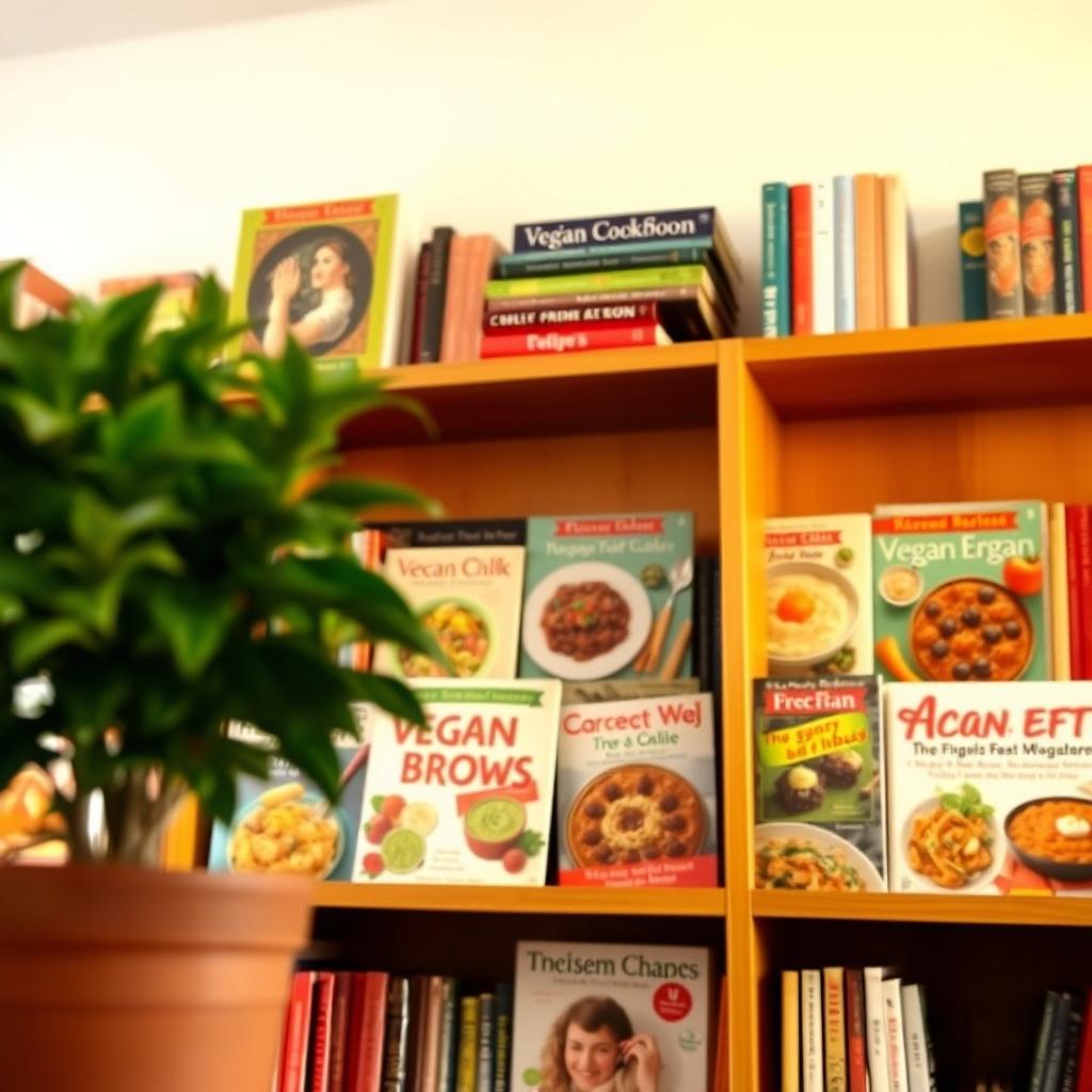 Cozy bookshelf filled with vibrant vegan cookbooks, showcasing diverse plant-based recipes and culinary techniques, with a decorative plant in the foreground.