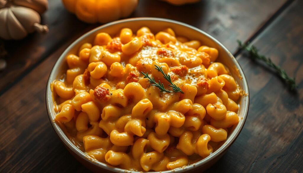 A creamy, comforting pumpkin mac and cheese bake, with vibrant orange pumpkin puree mixed into a rich, velvety cheese sauce, coated over tender elbow macaroni. The top is lightly golden and crisp, with a few sprigs of fresh thyme dotted across the surface. The dish is set on a rustic wooden table, with a warm, inviting glow from soft, diffused lighting above, casting gentle shadows. The scene evokes the cozy, autumnal atmosphere of a comforting, homemade pasta dish, perfect for an autumn evening.