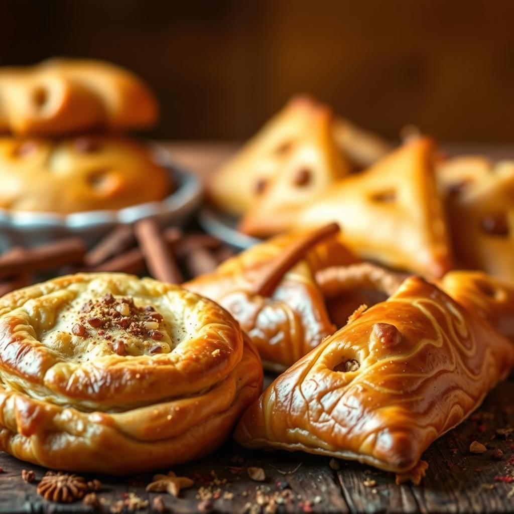 A delectable arrangement of bastila, a savory Moroccan pastry, and briouates, crisp triangular pastries filled with a variety of ingredients. The pastries are presented on a rustic wooden surface, bathed in warm, golden lighting that accentuates their flaky, golden-brown exteriors. In the foreground, the bastila's intricate layers and the briouates' intricate patterns are showcased, inviting the viewer to imagine their aromatic fillings and flaky textures. In the middle ground, a scattering of traditional Moroccan spices, such as cumin, cinnamon, and paprika, adds depth and authenticity to the scene. The background is softly blurred, creating a focus on the delectable pastries and emphasizing the rich, earthy tones of the Moroccan cuisine. Savory Moroccan pastries including bastila and briouates, showcasing flaky textures and aromatic spices, set against a rustic wooden background.