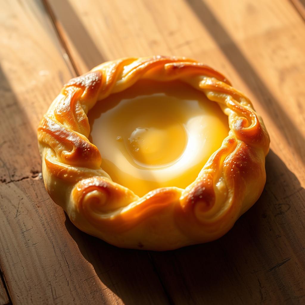 A delicate, buttery pastry with a golden, flaky crust, adorned with intricate swirls and delicate patterns. The center is filled with a rich, creamy custard, its velvety texture complemented by a subtle hint of vanilla. Positioned on a rustic wooden surface, the pastry is bathed in soft, warm lighting, casting gentle shadows that accentuate its artisanal charm. The overall scene exudes a cozy, inviting atmosphere, evoking the essence of traditional French baking with a modern, plant-based twist.