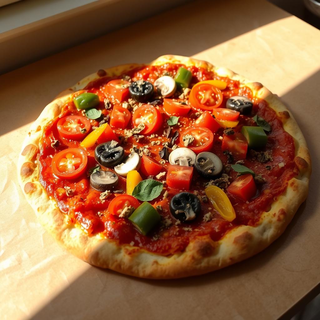 A freshly baked vegan pizza with a golden-brown, crisp crust, smothered in a rich tomato sauce and topped with a diverse array of colorful, plant-based toppings. Vibrant slices of juicy tomatoes, tender mushrooms, and bright bell peppers adorn the surface, complemented by a generous sprinkle of fragrant, dried Italian herbs. The pizza is illuminated by soft, natural lighting, casting a warm, inviting glow that enhances the appetizing appearance. The scene is captured from a slightly elevated angle, showcasing the tempting details of the dish and the comforting, homemade setting it inhabits.