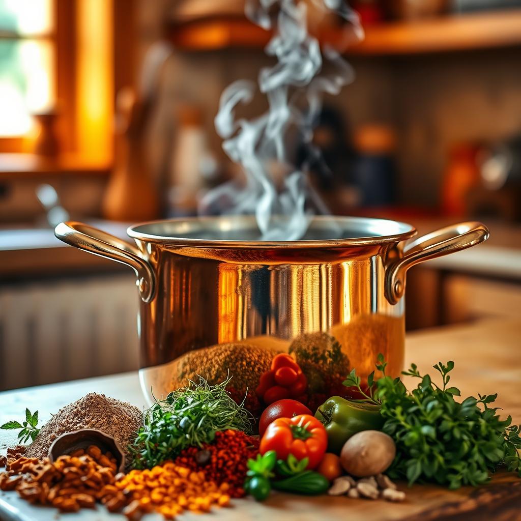 Gleaming copper pot emitting steam, surrounded by fresh herbs, spices, and colorful vegetables, illustrating plant-based cooking inspiration for vegan Chilean recipes.