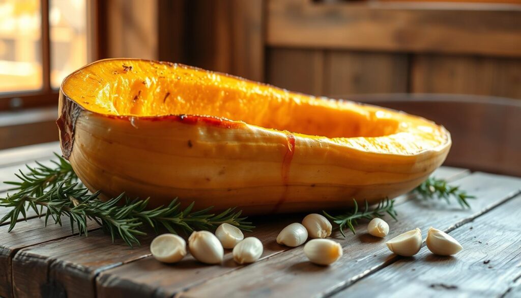 A large, golden-brown butternut squash wedge sits prominently on a rustic wooden table, its charred surface glistening with a light coating of olive oil. The squash is surrounded by sprigs of fresh rosemary, thyme, and a scattering of whole garlic cloves. Warm autumn light filters through a nearby window, casting soft shadows and a cozy, inviting atmosphere. The image is shot from a slightly elevated angle, highlighting the squash's natural curves and the earthy tones of the scene. This comforting, autumnal still life embodies the hearty, seasonal flavors of a perfectly roasted butternut squash side dish.