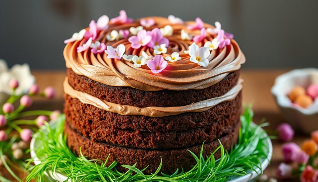 A luscious, vegan Easter cake with a moist, chocolate-infused sponge layered with a rich, creamy frosting made from premium vegan chocolate. Elegant swirls of the frosting adorn the top and sides, creating a visually striking centerpiece for the holiday table. Delicate, edible flowers in pastel shades of pink and white are scattered across the cake, lending a springtime elegance. Warm, overhead lighting casts a soft, inviting glow, accentuating the cake's sumptuous textures and delectable appearance. Photographed at a slight, three-quarter angle to showcase the cake's intricate details and inviting presentation.