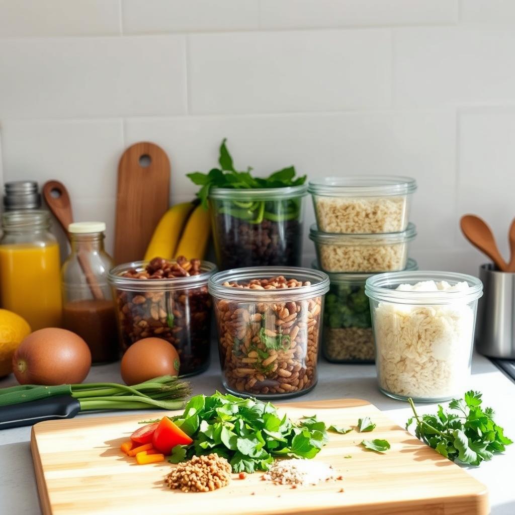 A neatly organized kitchen counter with various vegan Jamaican ingredients and cooking utensils. In the foreground, there is a cutting board with freshly chopped vegetables, herbs, and spices. In the middle ground, glass containers filled with pre-cooked rice, beans, and stewed plantains are arranged. The background features a clean, white wall, with natural lighting streaming in, creating a bright and airy atmosphere. The overall mood is one of efficient meal preparation, highlighting the convenience and simplicity of vegan Jamaican cooking. A neatly organized kitchen counter with various vegan Jamaican ingredients and cooking utensils. In the foreground, there is a cutting board with freshly chopped vegetables, herbs, and spices. In the middle ground, glass containers filled with pre-cooked rice, beans, and stewed plantains are arranged. The background features a clean, white wall, with natural lighting streaming in, creating a bright and airy atmosphere. The overall mood is one of efficient meal preparation, highlighting the convenience and simplicity of vegan Jamaican cooking.