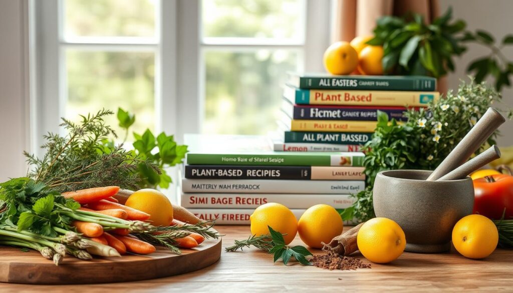 A neatly organized still life arrangement of plant-based resources for Easter meal planning. In the foreground, a wooden cutting board with assorted fresh herbs, vegetables, and fruits, including asparagus, carrots, lemons, and sprigs of rosemary and thyme. In the middle ground, a stack of cookbooks with vibrant plant-based recipe titles visible, accompanied by a mortar and pestle filled with spices. The background features a clean, bright window with soft, natural lighting filtering through, creating a warm, inviting atmosphere. The overall composition conveys a sense of trustworthiness, authenticity, and thoughtful, plant-based culinary expertise.