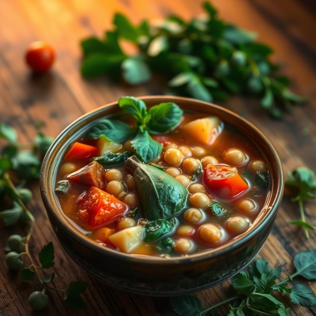 A nourishing bowl of vibrant Mediterranean vegetable soup, simmered with fragrant herbs, aromatic spices, and tender legumes. The foreground features a steaming, rich broth cradling an array of colorful vegetables - plump tomatoes, tender zucchini, earthy chickpeas, and silky spinach. The middle ground showcases a scattering of fresh herbs, like fragrant basil and parsley, adding pops of verdant green. In the background, a rustic wooden table is illuminated by warm, diffused lighting, creating a cozy, homey atmosphere. The overall scene evokes a sense of comfort, nourishment, and the bold, wholesome flavors of the Mediterranean.