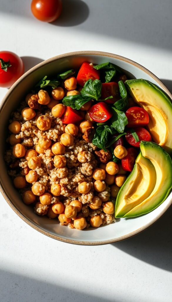 A nutritious high-protein vegan bowl filled with a hearty blend of quinoa, roasted chickpeas, avocado, sautéed spinach, and juicy cherry tomatoes. The ingredients are arranged in a visually appealing manner, creating a visually balanced and appetizing composition. The bowl is illuminated by soft, natural lighting, casting gentle shadows and highlights that accentuate the textures and colors of the components. The background is a simple, uncluttered surface, allowing the vibrant, wholesome bowl to be the focal point. An overall sense of freshness, wholesomeness, and culinary expertise is conveyed, inviting the viewer to enjoy a satisfying, protein-packed meal.
