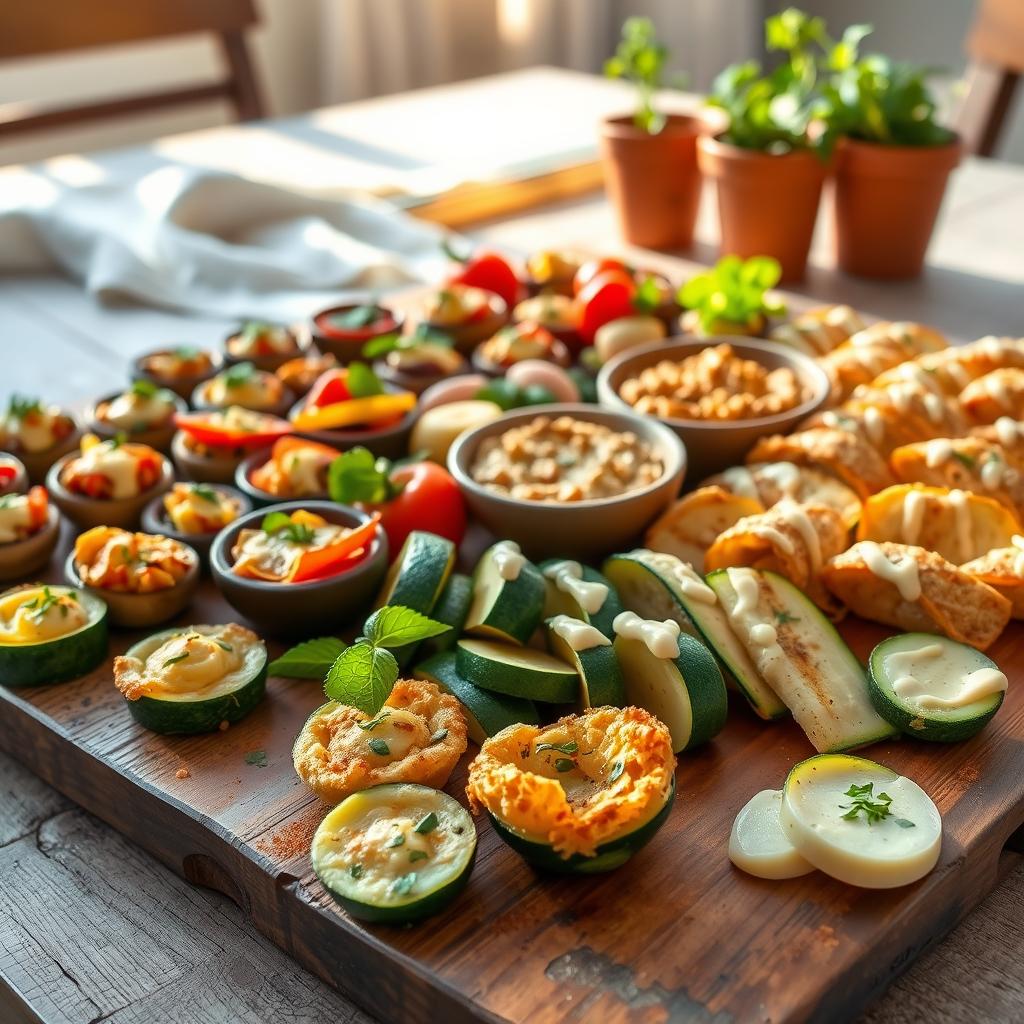 A platter of vibrant, freshly-prepared vegan appetizers arranged on a rustic wooden table, bathed in warm, natural lighting. In the foreground, delicate zucchini bites with a crisp golden crust, garnished with fragrant herbs. Surrounding them, an array of colorful, bite-sized delights - stuffed mushroom caps, roasted pepper hummus with crisp veggie dippers, and perfectly rolled dolmas. The middle ground features a selection of lightly-grilled zucchini slices, drizzled with a creamy, tangy cashew-based sauce. In the background, a simple yet elegant table setting, with a flowing linen tablecloth and a few potted herbs adding a touch of greenery. The overall atmosphere is inviting, highlighting the vibrant, plant-based nature of these mouthwatering appetizers.