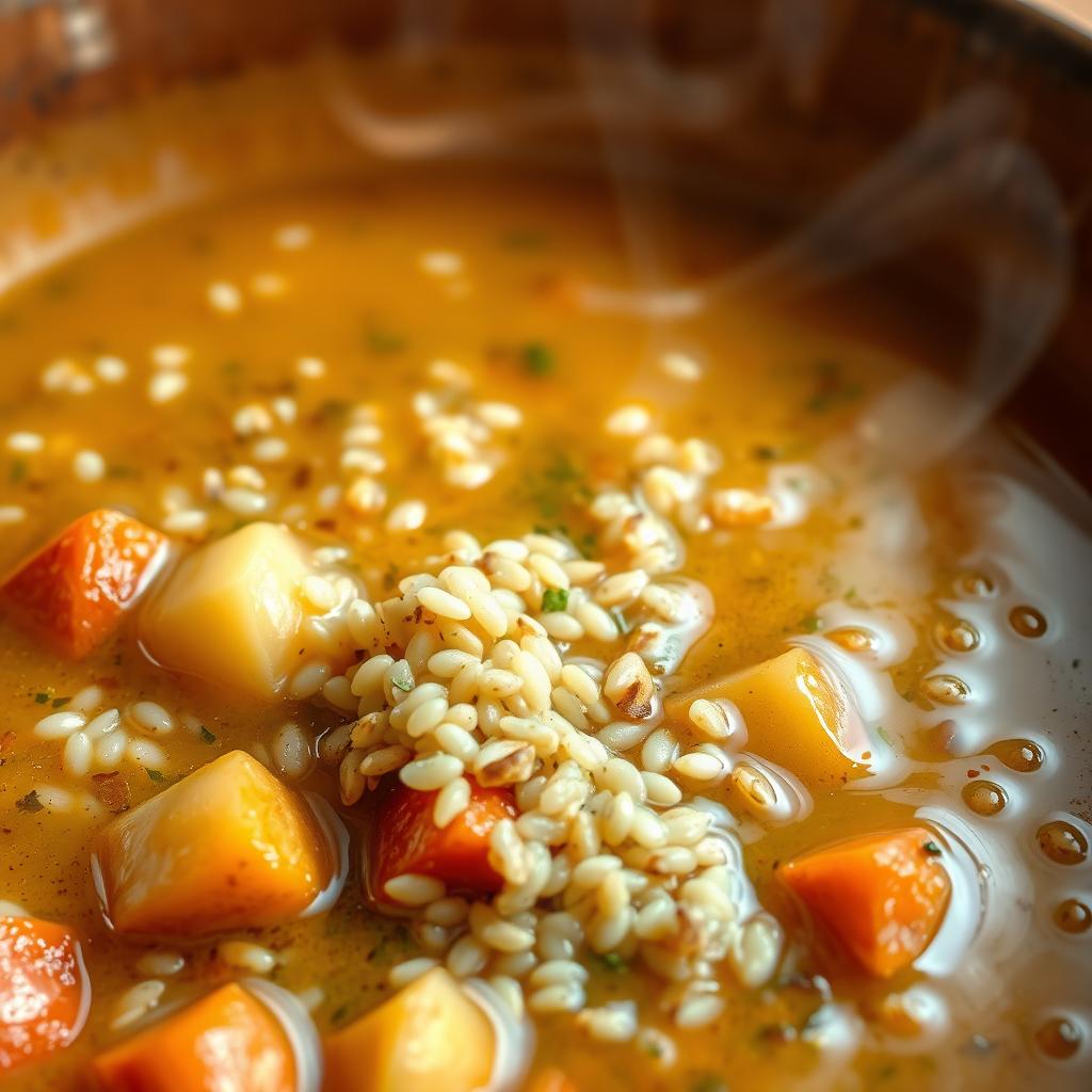 A rich and comforting quinoa soup, its golden broth shimmering with aromatic herbs and spices. In the foreground, plump grains of quinoa float amidst tender chunks of roasted vegetables - potatoes, carrots, and onions. Wisps of steam rise, hinting at the soup's warmth and hearty texture. The background features a rustic earthenware bowl, its glazed surface reflecting the soft, natural lighting that illuminates the scene. The overall mood is one of simple, nourishing pleasure, capturing the authentic flavors and traditions of Peruvian cuisine.