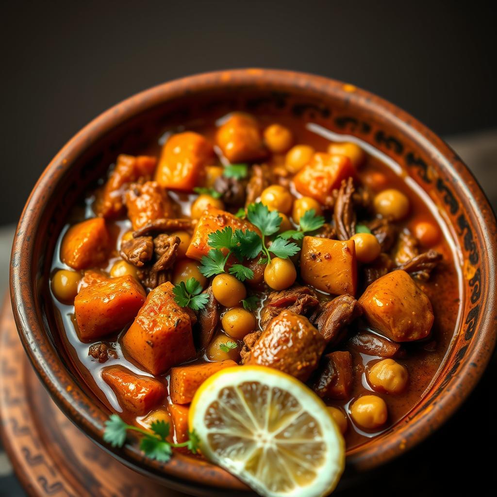 A rich, aromatic one-pot Moroccan tagine with tender vegetables and fragrant spices simmering in a thick, savory sauce. The dish is presented in a rustic ceramic bowl, its vibrant colors and textures contrasting beautifully against a simple, neutral background. Warm, directional lighting casts a cozy glow, highlighting the dish's complex layers of flavor. In the foreground, a sprinkle of fresh cilantro and a wedge of lemon add a pop of freshness, while the middle ground features the main components - chunks of sweet potato, chickpeas, and aromatic spices. The background is softly blurred, allowing the hearty, satisfying tagine to take center stage. One-pot Moroccan tagine with chickpeas, sweet potatoes, and spices, garnished with fresh cilantro and a lemon slice.