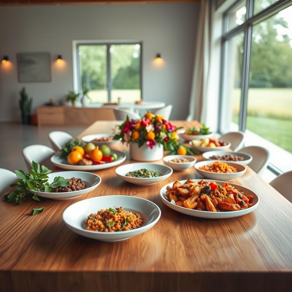 A sleek, modern table set with an artful vegan feast. In the foreground, a sturdy wooden tabletop with a smooth, polished finish, adorned with lush greenery, fresh herbs, and vibrant edible flowers. A centerpiece of seasonal fruits and vegetables, beautifully arranged to highlight their natural colors and textures. In the middle ground, elegant white ceramic plates and bowls, each holding a delectable plant-based dish, from roasted root vegetables to a hearty lentil stew. Subtle ambient lighting casts a warm, inviting glow, creating a cozy, intimate atmosphere. In the background, a minimalist, light-filled room with large windows offering a view of a serene outdoor scene, blending the indoors and outdoors seamlessly.