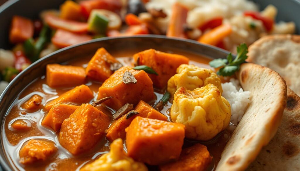 A steaming bowl of aromatic plant-based curry, simmered with fragrant spices and vibrant vegetables. In the foreground, a rich, creamy coconut-based sauce envelops tender chunks of roasted sweet potato and cauliflower florets. Slivers of fresh ginger, garlic, and a blend of warming spices like cumin, coriander, and turmeric add depth of flavor. The middle ground features a backdrop of sautéed onions, peppers, and tomatoes, creating a vibrant medley of colors. Soft naan bread or basmati rice provide the perfect accompaniment, inviting you to dig in and savor the comforting, plant-powered goodness. Captured in natural lighting with a shallow depth of field, this image evokes the cozy, nourishing essence of a vegan winter curry.