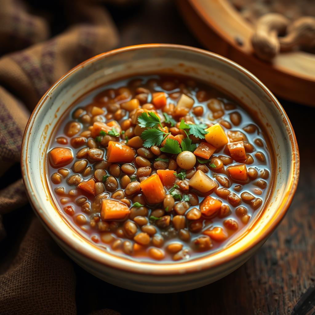 A steaming bowl of hearty lentil stew, illuminated by warm, golden light. The lentils, rich and earthy, nestled in a thick, velvety broth, accented with aromatic spices like cumin, coriander, and garlic. Chopped onions, carrots, and celery add depth and texture, while a sprinkle of freshly chopped parsley lends a vibrant, herbal note. The scene is set against a cozy, rustic background, suggesting a comforting, nourishing meal perfect for a chilly evening.