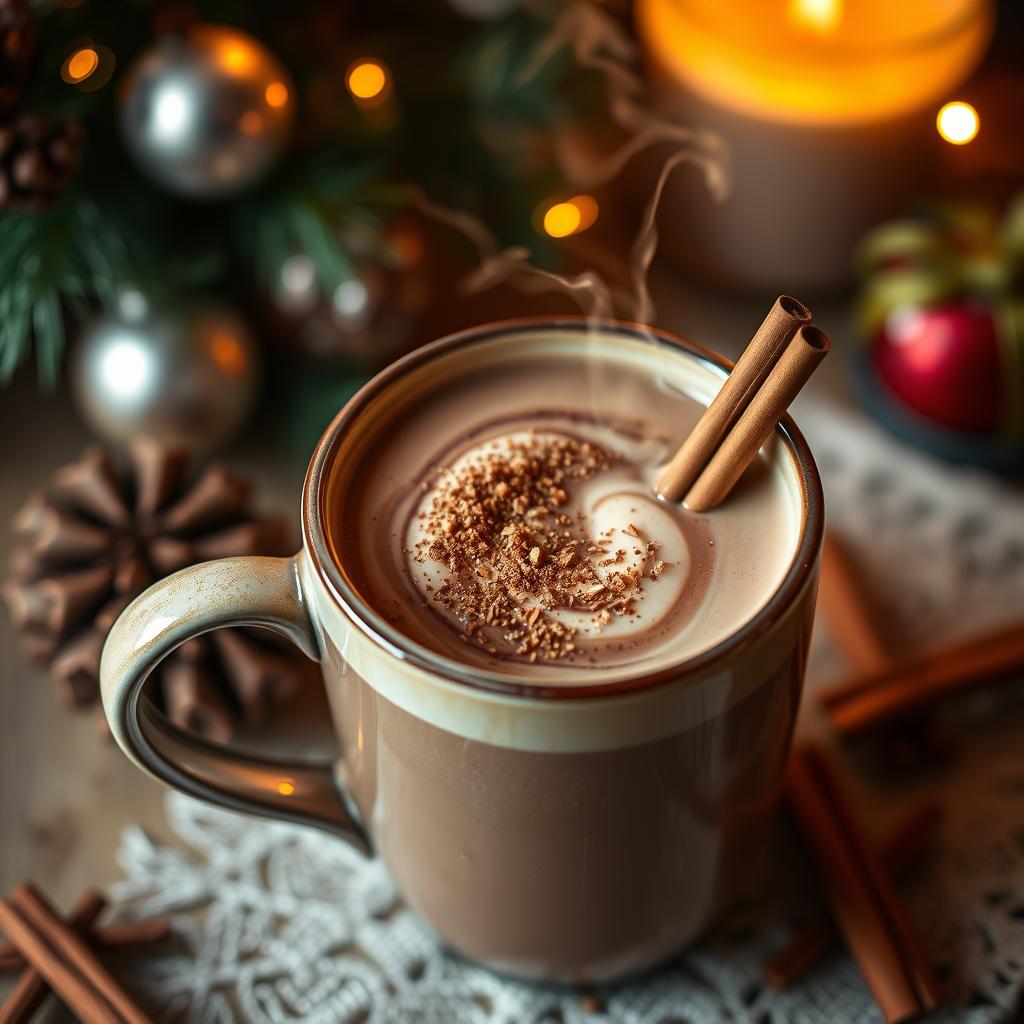 A steaming mug filled with rich, creamy chocolate coconut milk, sprinkled with fragrant cinnamon. Warm lighting casts a cozy glow, highlighting the inviting swirl of flavors. The beverage is framed against a softly blurred background, suggesting a festive, intimate gathering. The composition emphasizes the luscious texture and enticing aroma of this vegan holiday delight, perfectly capturing the spirit of the season.