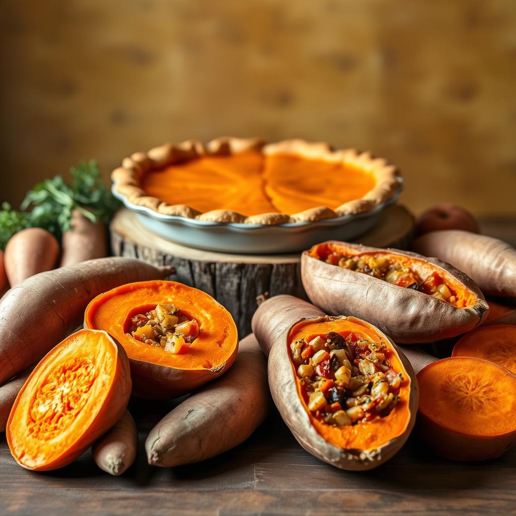 A still life arrangement of vibrant sweet potatoes in various forms, artfully displayed against a warm, earthy backdrop. In the foreground, a mix of whole yams, some sliced to reveal their bright orange flesh, alongside stuffed sweet potato halves brimming with savory fillings. In the middle ground, a rustic wooden table supports a freshly baked sweet potato pie, its golden crust and glistening filling evoking the flavors of a classic Southern dessert. Soft, directional lighting illuminates the scene, casting gentle shadows and highlighting the natural textures and colors of the ingredients. The overall mood is one of homespun comfort and culinary delight, perfectly capturing the essence of the "Sweet potatoes in every form" section.