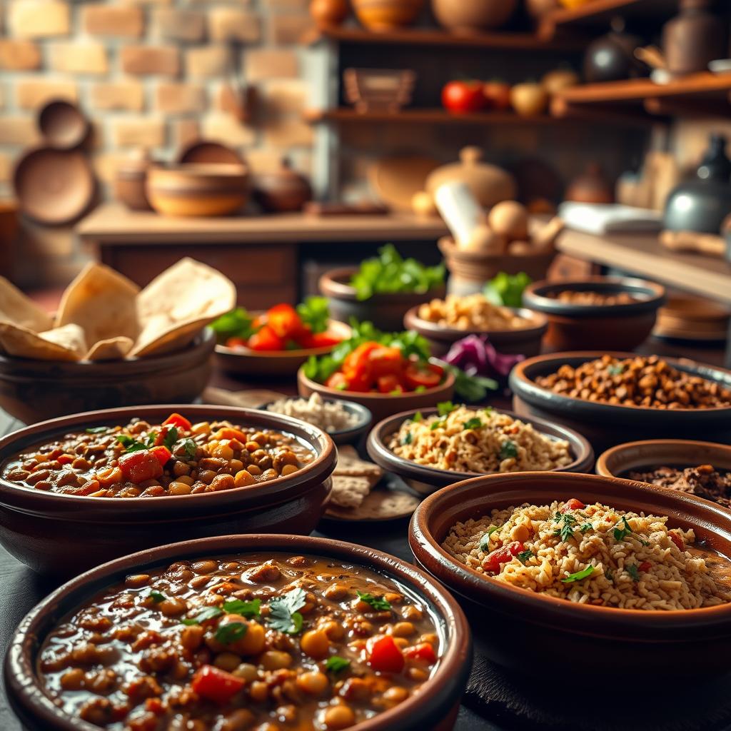 A vibrant and authentic Middle Eastern feast, captured in a richly detailed image. In the foreground, an array of hearty mains - a creamy lentil and vegetable stew, a fragrant vegetable tagine, and a savory chickpea and rice pilaf, all served in traditional clay bowls. The middle ground showcases a selection of fresh pita breads, vibrant salads, and aromatic spices, creating a tantalizing display of flavors. The background features a warm, cozy kitchen setting, with terracotta tile floors, rustic wooden shelves, and soft, diffused lighting that casts a golden glow over the scene, evoking the comforting and inviting atmosphere of a traditional Middle Eastern home. Vibrant display of Middle Eastern vegan dishes including lentil stew, chickpea salad, rice, fresh herbs, and warm pita bread, set in a rustic kitchen environment.