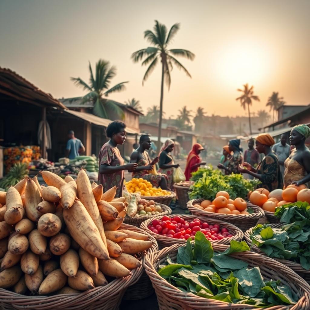 A vibrant and authentic West African market scene, captured with a wide-angle lens. In the foreground, an array of colorful produce overflows from woven baskets - plantains, yams, cassava, and leafy greens. In the middle ground, local vendors in traditional garb haggle and exchange goods, their expressions animated. The background reveals a bustling urban landscape, with mud-brick buildings, palm trees swaying, and a hazy, golden-hour sky overhead. The lighting is warm and natural, casting long shadows and highlighting the textures of the scene. This image evokes the rich culinary heritage and vibrant culture of West Africa, perfect for illustrating a primer on vegan African recipes.