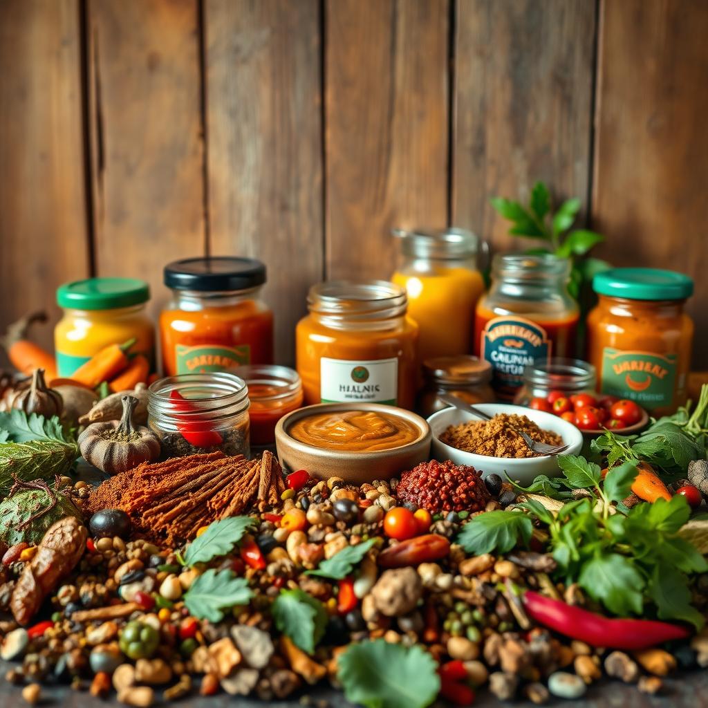 A vibrant arrangement of Caribbean-inspired sauces, pastes, and seasonings, artfully displayed against a rustic backdrop. In the foreground, a variety of spices and herbs, their colors and textures intertwined, create a visually captivating display. In the middle ground, glass jars and ceramic bowls hold fragrant pastes and sauces, their labels hinting at the bold flavors within. The background features a weathered wooden surface, adding depth and a sense of authenticity to the scene. Warm, directional lighting casts subtle shadows, highlighting the unique shapes and textures of each ingredient. The overall mood is one of vibrancy, diversity, and the promise of delicious, island-inspired cuisine. A vibrant arrangement of Caribbean-inspired sauces, pastes, and seasonings, artfully displayed against a rustic backdrop. In the foreground, a variety of spices and herbs, their colors and textures intertwined, create a visually captivating display. In the middle ground, glass jars and ceramic bowls hold fragrant pastes and sauces, their labels hinting at the bold flavors within. The background features a weathered wooden surface, adding depth and a sense of authenticity to the scene. Warm, directional lighting casts subtle shadows, highlighting the unique shapes and textures of each ingredient. The overall mood is one of vibrancy, diversity, and the promise of delicious, island-inspired cuisine.