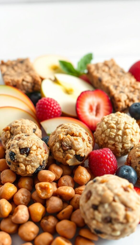 A vibrant arrangement of enticing high-protein vegan snacks, capturing the essence of a nutritious and active lifestyle. In the foreground, a variety of bite-sized treats, including crisp roasted chickpeas, creamy nut butter-filled energy balls, and chewy protein-packed granola bars. The middle ground features an assortment of fresh fruit slices, such as juicy apple wedges and vibrant berries, adding pops of color and natural sweetness. The background is a minimalist, light-filled setting with a clean, white backdrop, allowing the snacks to take center stage. Soft, natural lighting casts a warm, inviting glow, highlighting the texture and vibrancy of the ingredients. The overall composition conveys a sense of balance, health, and indulgence, perfectly suited to illustrate a section on smart vegan snacks and desserts with protein.