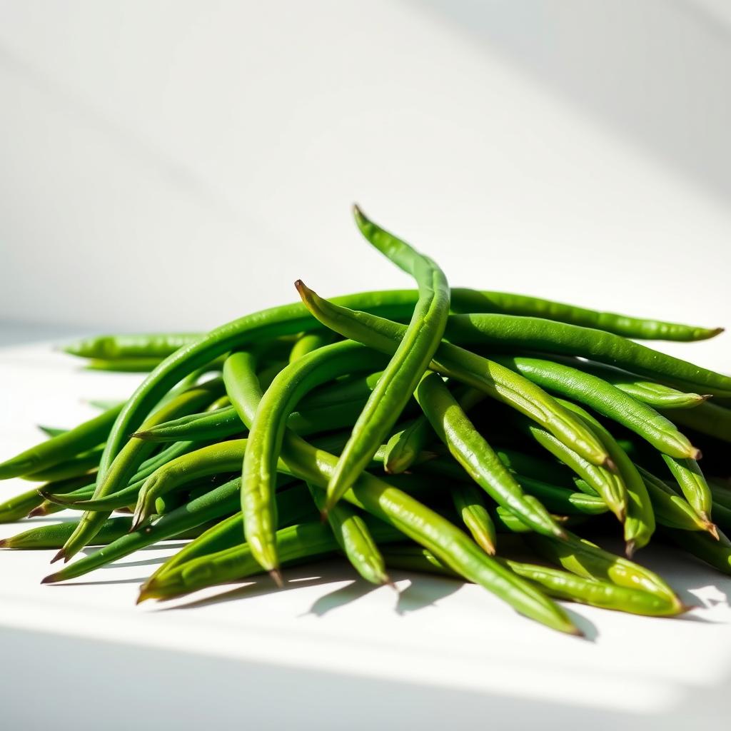 A vibrant arrangement of fresh, crisp green beans, artfully lit and captured from a slightly elevated angle. The beans are neatly arranged against a clean, minimalist background, allowing their natural beauty to shine. Gentle shadows and soft highlights accentuate the smooth, glossy texture of the beans, creating a sense of depth and dimension. The lighting is soft and diffused, evoking a warm, inviting atmosphere that complements the healthful, Mediterranean-inspired theme. The composition is balanced and visually appealing, showcasing the green beans as a simple yet flavorful side dish or component of a larger plant-based spread.