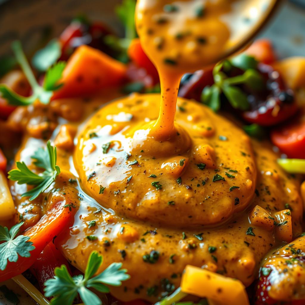 A vibrant, close-up image of a plant-based Greek sauce, with a rich, creamy texture and a beautiful blend of Mediterranean herbs and spices. The sauce is drizzled over a bed of fresh, crisp vegetables, creating a visually stunning contrast of colors and textures. The lighting is soft and warm, casting a golden glow on the scene, evoking a cozy, homemade feel. The camera angle is slightly elevated, giving the viewer a sense of depth and immersion in the scene. The overall atmosphere is one of nourishment, comfort, and a celebration of plant-based Greek culinary traditions.