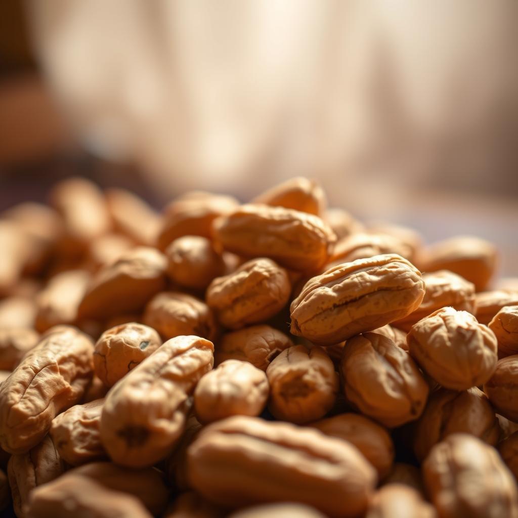 A vibrant, high-resolution close-up photograph of a handful of freshly harvested west african peanuts, also known as groundnuts, in a natural light setting. The peanuts are shown in the foreground, with their warm, earthy tones and distinct ridges contrasting against a soft, out-of-focus background. The image captures the rustic, homemade charm of these essential ingredients used in bold, one-pot vegan African stews and vibrant rice dishes. The lighting is warm and diffused, creating a cozy, inviting atmosphere that evokes the rich culinary traditions of the African continent.