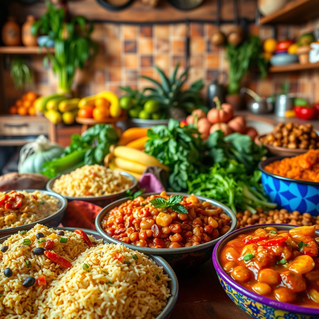 Vibrant display of vegan Brazilian dishes featuring rice, beans, and seasonal vegetables, surrounded by fresh produce and pantry staples, emphasizing plant-based cooking.