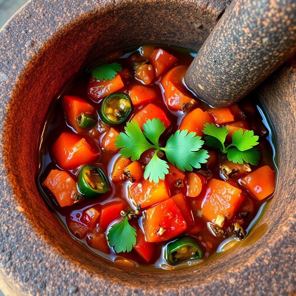 A vibrant, rustic salsa molcajeteada, freshly prepared in a traditional Mexican volcanic stone mortar and pestle. Aromatic roasted tomatoes, charred jalapeños, and fragrant cilantro leaves create a complex and flavorful salsa, glistening with olive oil and flecked with specks of toasted cumin. The coarse texture and uneven surface of the molcajete add depth and character, while the warm, golden lighting casts soft shadows, highlighting the vibrant colors and rustic presentation. The overall mood is one of authentic Mexican cuisine, with the salsa taking center stage as a bold, flavor-packed accompaniment to plant-based dishes.