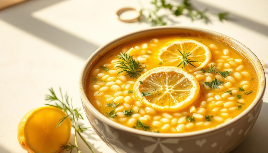 A vibrant, steaming bowl of lemon orzo soup set against a light, airy backdrop. The soup's golden broth is flecked with plump, tender orzo pasta and a bounty of fresh herbs - fragrant dill, earthy parsley, and zesty lemon zest. Delicate lemon slices float on the surface, casting a soft, inviting glow. The scene is bathed in warm, natural light, casting gentle shadows and imbuing the image with a soothing, springtime ambiance. The overall composition is clean and uncluttered, allowing the soup's nourishing simplicity to shine.