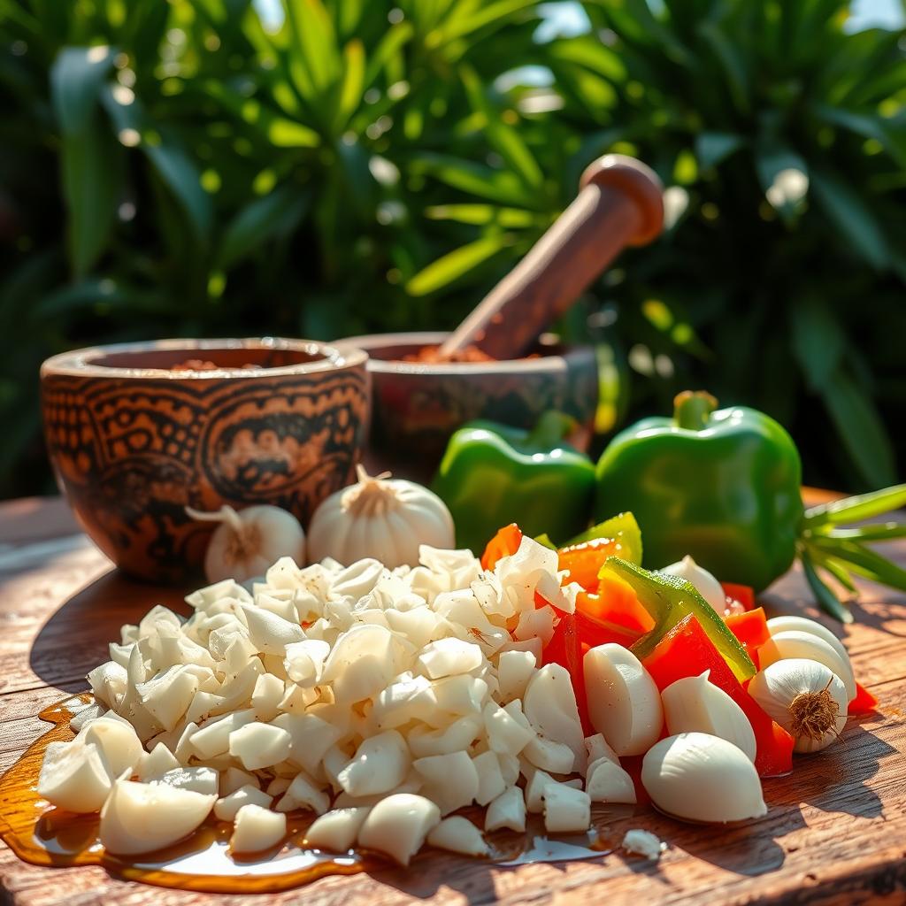 Chopped garlic, diced bell peppers, and onion on a wooden cutting board, with mortar and pestle in the background, highlighting essential ingredients for vegan Cuban sofrito.