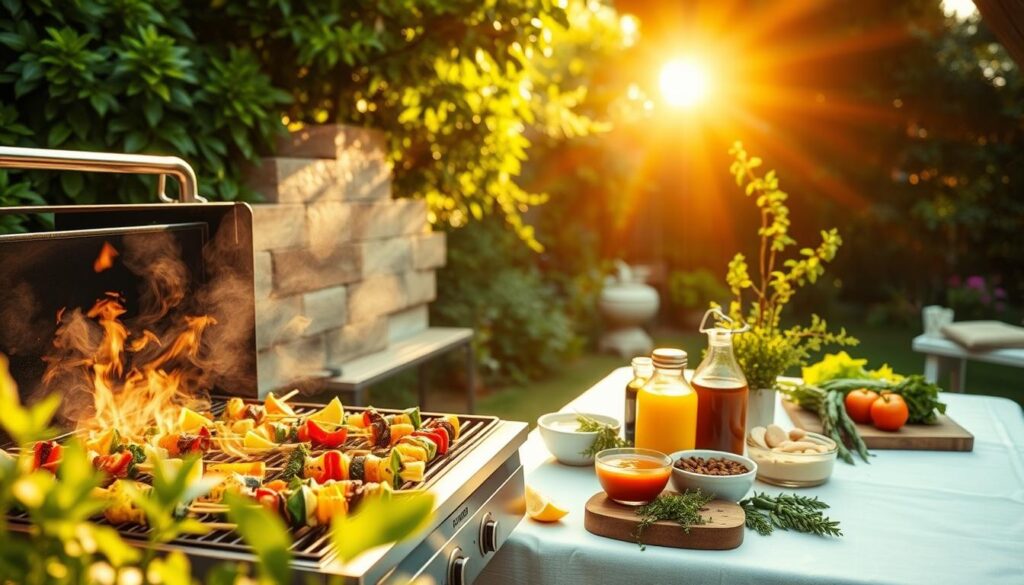 A vibrant, sun-drenched backyard scene of a plant-based grilling setup for summer. In the foreground, an array of colorful, freshly grilled vegetables and skewers, sizzling on a sleek, modern grill. Lush, green foliage frames the scene, creating a lush, natural backdrop. Overhead, a warm, golden light casts a soft, inviting glow, highlighting the rich textures and colors. In the middle ground, a wooden picnic table is set with a crisp, white tablecloth, adorned with fresh herbs, lemon wedges, and a selection of plant-based sauces and condiments. The overall atmosphere evokes a casual, al fresco dining experience, perfect for enjoying the bounty of the summer season.