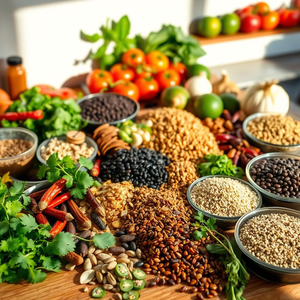 A well-lit kitchen counter filled with an array of vibrant, plant-based Mexican pantry staples. In the foreground, an assortment of whole spices, dried chiles, and fresh herbs such as cilantro and epazote. In the middle ground, various beans, grains, and seeds like black beans, quinoa, and chia. In the background, a selection of colorful produce including tomatoes, onions, garlic, and limes, casting soft shadows. The overall scene exudes a warm, earthy atmosphere, inviting the viewer to experience the flavors and aromas of plant-based Mexican cooking.