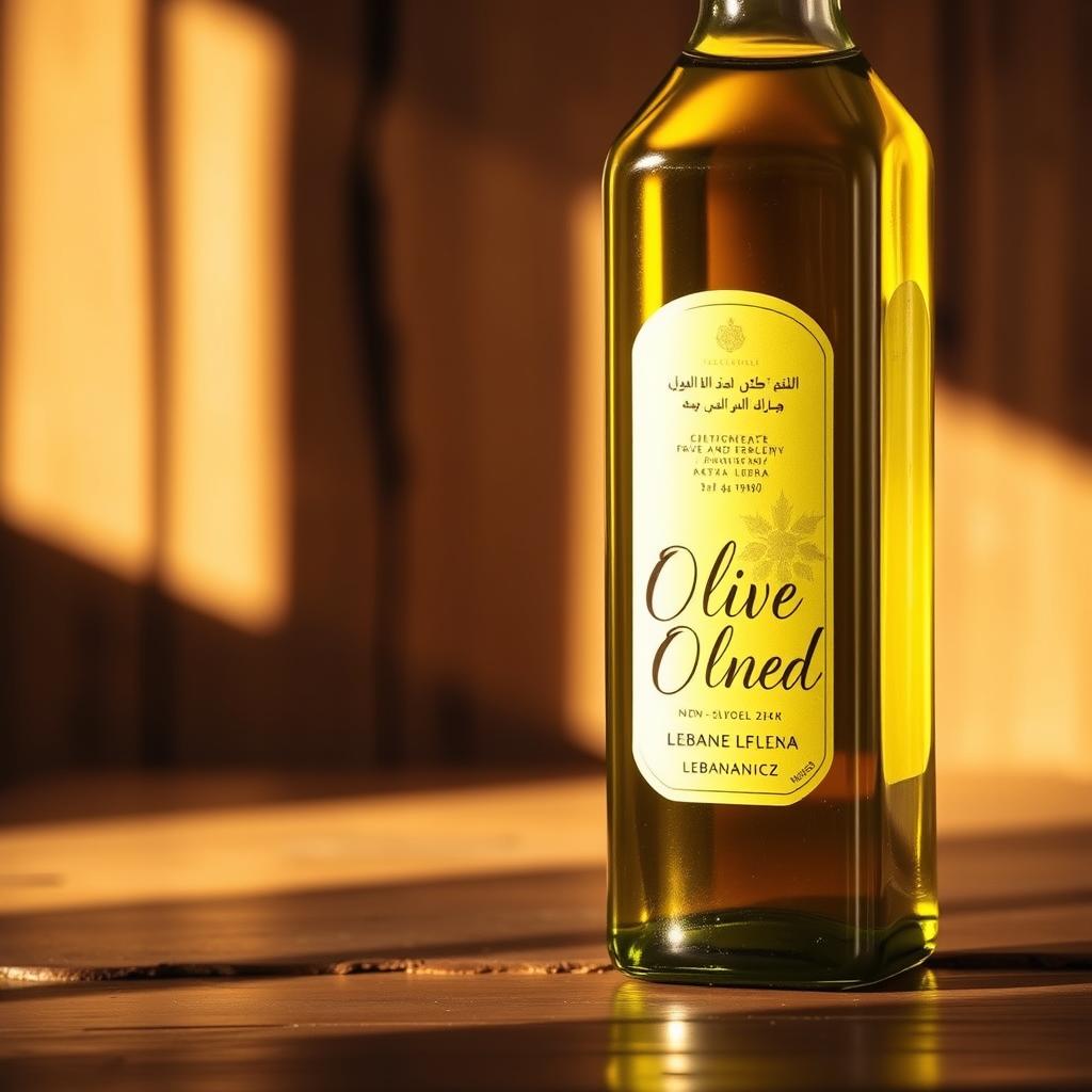Olive oil glistening in a glass bottle, illuminated by warm, natural lighting. The bottle's label features elegant, cursive typography, capturing the Mediterranean essence. In the background, a wooden table or surface, providing a rustic, authentic ambiance. Subtle shadows and depth of field create a sense of depth and dimensionality. The overall composition evokes a feeling of simplicity, quality, and the vibrant flavors of Lebanese cuisine.