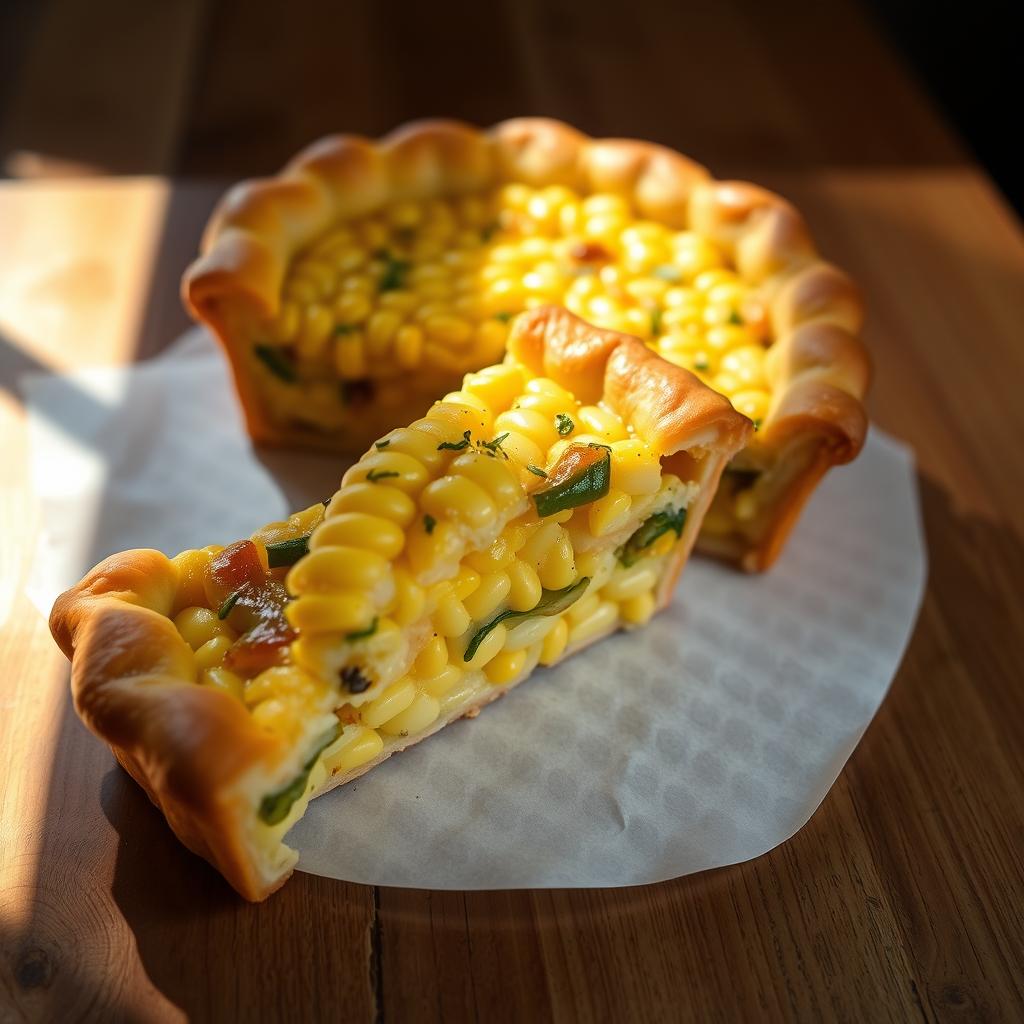 Vegan Pastel de Choclo with golden crust and corn filling, showcasing a slice revealing sweet corn and green beans, on a wooden surface.