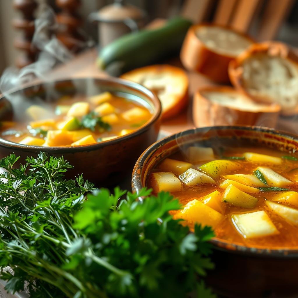 Steaming bowls of hearty vegetable soup, filled with tender zucchini chunks, glistening in a rich, savory broth. In the foreground, a selection of fresh herbs, fragrant and vibrant, ready to be sprinkled on top. The middle ground features crusty bread slices, their golden-brown crusts beckoning to be dipped into the comforting liquid. In the background, a cozy kitchen scene, with warm lighting casting a gentle glow, creating a welcoming and nourishing atmosphere. This image captures the essence of "Comfort in a bowl: soups and stews with peak produce", where the humble zucchini shines as the star ingredient in a soothing, satisfying vegan dish.