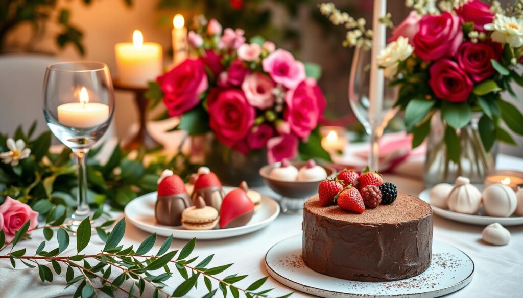 Vegan Valentine's Day: A Delightful Celebration of Love and Compassion. A romantic tablescape adorned with lush greenery, vibrant flowers, and an array of vegan desserts. The foreground features a tempting vegan chocolate truffle cake, garnished with fresh berries and dusted with cocoa powder. In the middle ground, a selection of colorful macarons, decadent chocolate-dipped strawberries, and delicate vegan meringues. The background showcases a cozy, candlelit atmosphere, with soft lighting casting a warm glow over the scene. Elegant glassware and minimal, modern tableware complement the natural, organic feel. This image evokes a sense of intimacy, indulgence, and a celebration of ethical, plant-based treats fit for a special Valentine's Day.