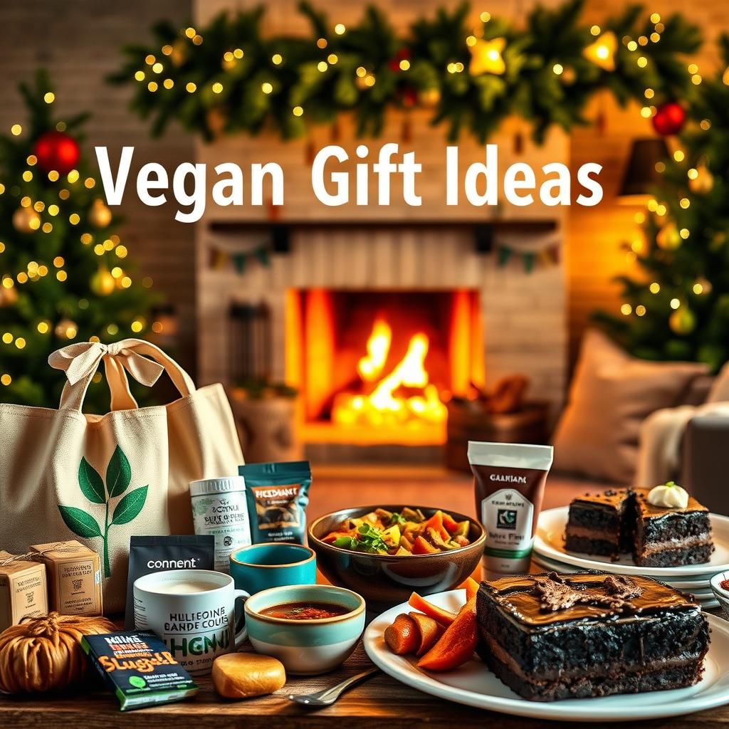 Vegan gift ideas, a cozy holiday scene: Foreground features an assortment of eco-friendly, plant-based gifts - reusable tote bags, handcrafted ceramic mugs, fair-trade chocolate, and natural bath products. Middle ground showcases vibrant, healthy vegan dishes - a hearty stew, roasted vegetables, and a decadent chocolate torte. Background depicts a warm, festive living room with a crackling fireplace, twinkling string lights, and lush evergreen garlands. Soft, golden lighting creates a welcoming, inviting atmosphere. The overall scene conveys the spirit of sustainable, compassionate gift-giving and delicious, plant-based holiday celebrations.
