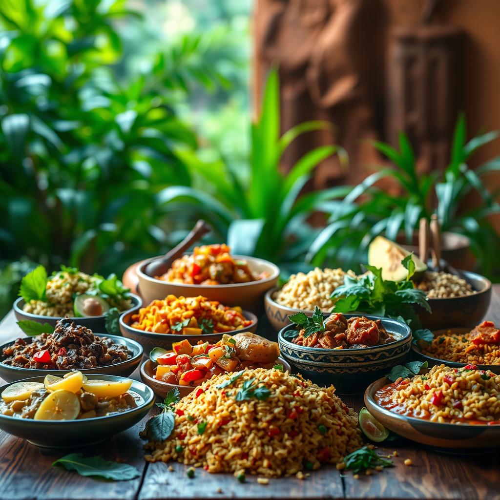 A vibrant display of various vegan African dishes, including colorful rice, stews, and vegetables, set against a lush green backdrop, emphasizing plant-based culinary diversity.
