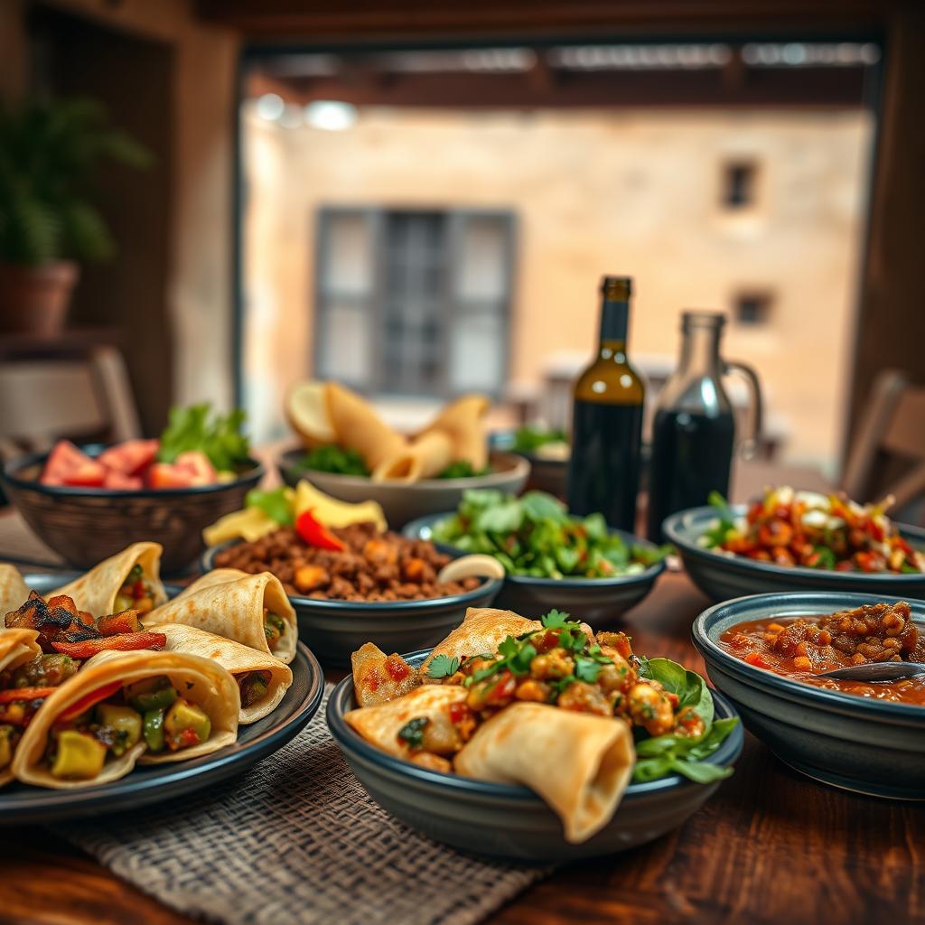Vegan Argentinian dishes featuring colorful plant-based tacos, fresh vegetables, and traditional flavors, set in a rustic dining environment.
