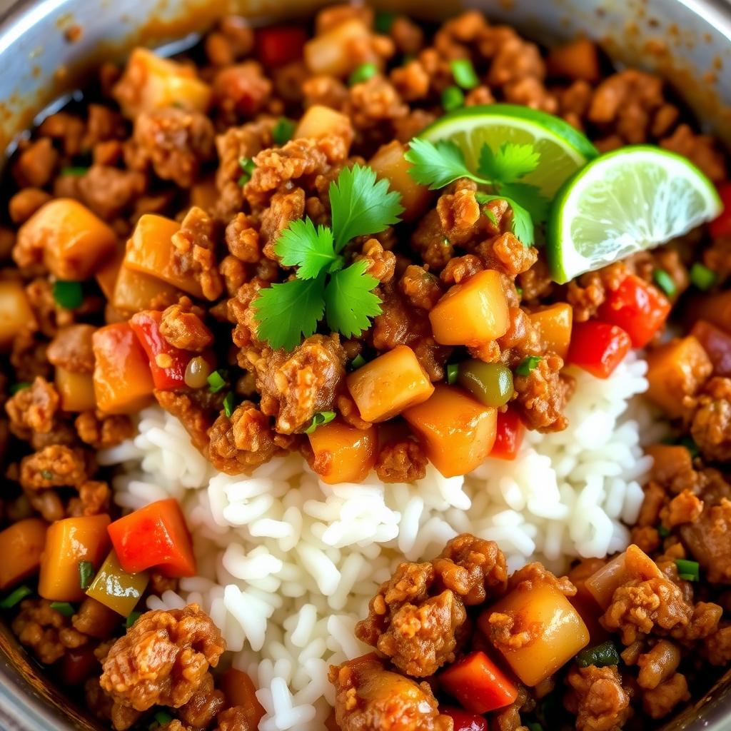 Vegan Cuban dish featuring seasoned plant-based protein with colorful bell peppers and diced fruit served over fluffy white rice, garnished with lime wedges and fresh cilantro.