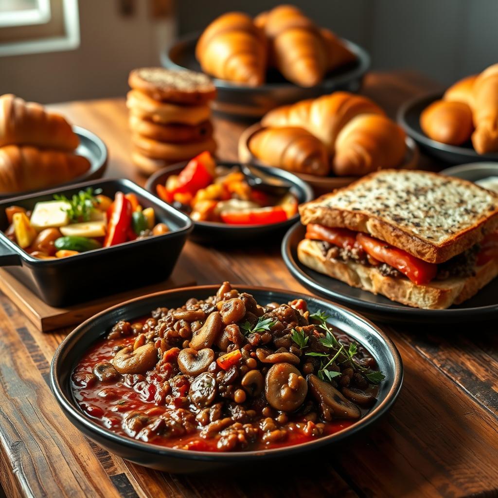 Vegan French dishes featuring a hearty lentil stew with mushrooms, accompanied by colorful vegetable medley, sandwich with tomato, and an assortment of fresh pastries.