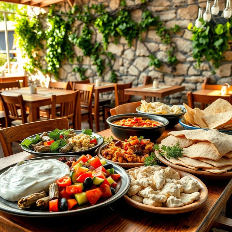 Vegan Greek dishes featuring fresh salads, dips, and flatbreads on a wooden table in a cozy restaurant setting, highlighting authentic Mediterranean flavors.