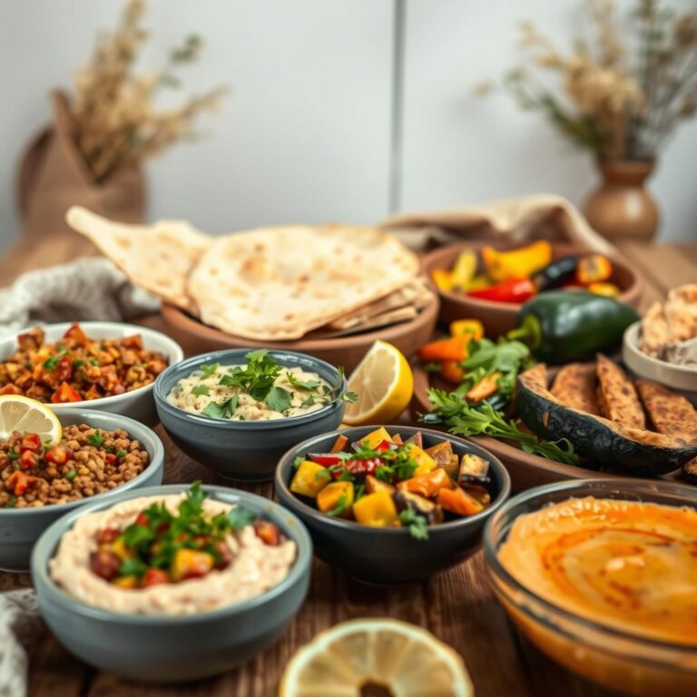Vibrant spread of vegan Lebanese dishes, featuring hummus, lentil salad, roasted vegetables, and flatbreads, garnished with fresh herbs and lemon, showcasing authentic plant-based cuisine.